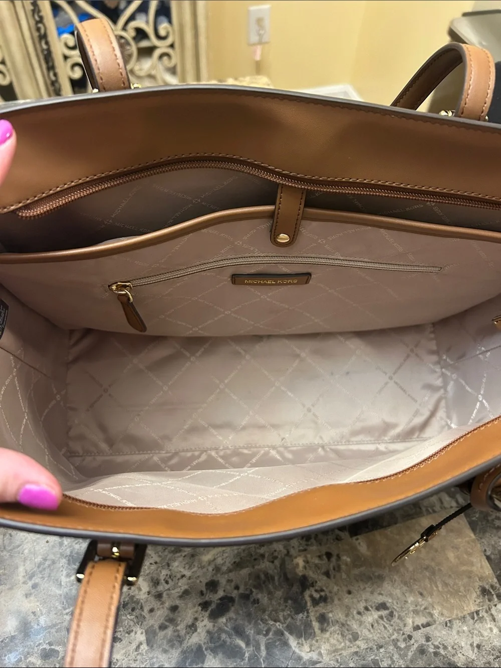 Michael Kors Brown Logo Print Tote with Tan Trim